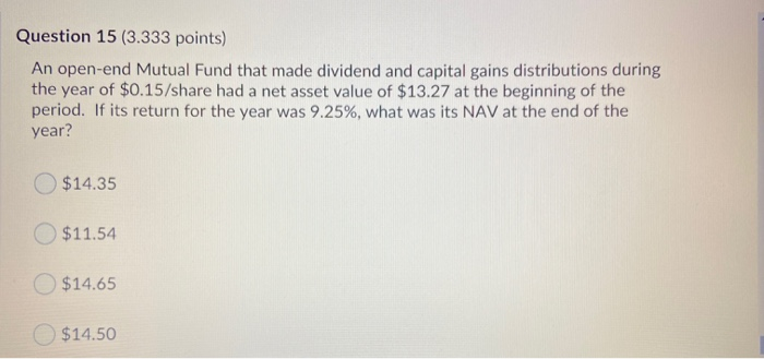  Question 15 (3.333 points) An open-end Mutual Fund that made dividend