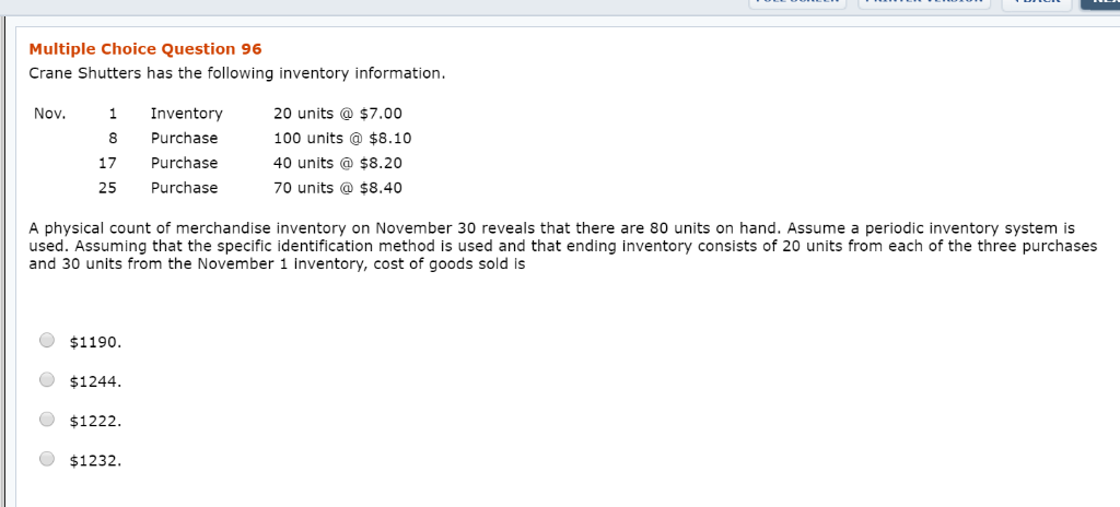 Multiple Choice Question 96 Crane Shutters has the following inventory information.
