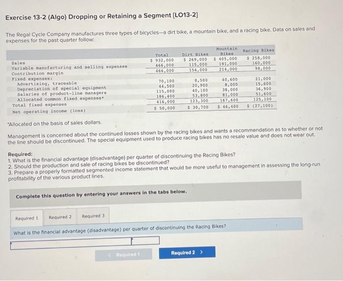 please help with one through three Exercise 13-2 (Algo) Dropping or Retaining