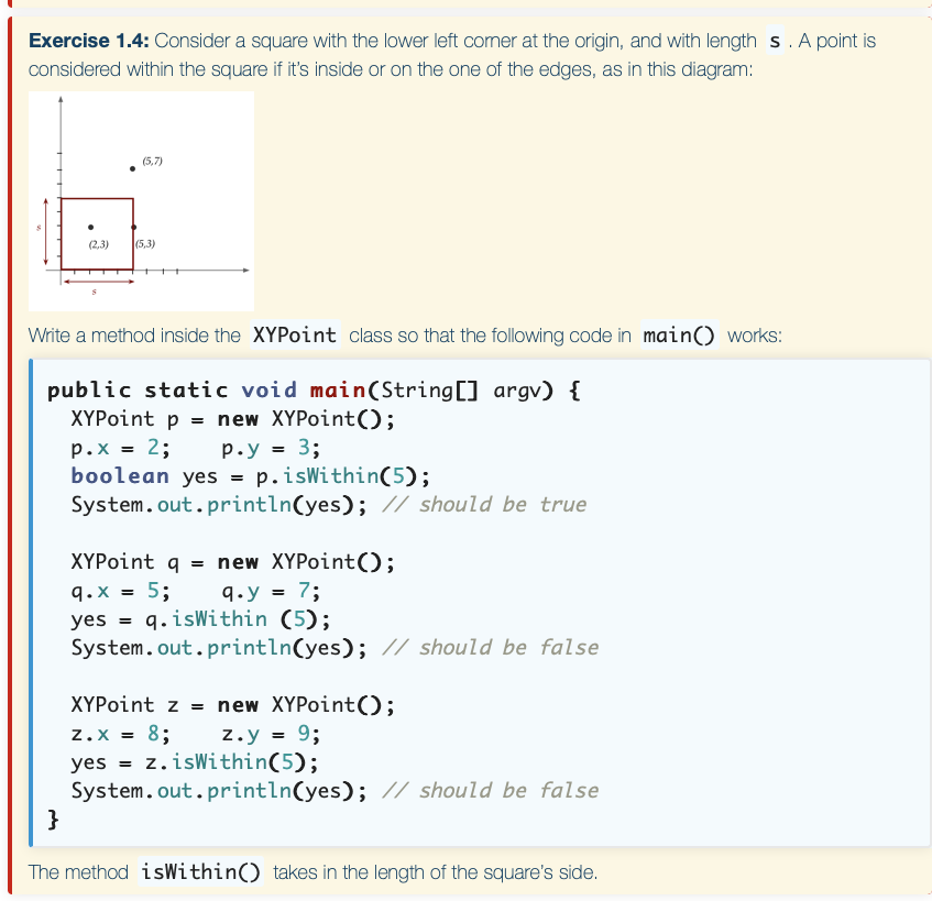 IN JAVA ANSWER 1.4 in YELLOW: class XYPoint{ double x; //this is
