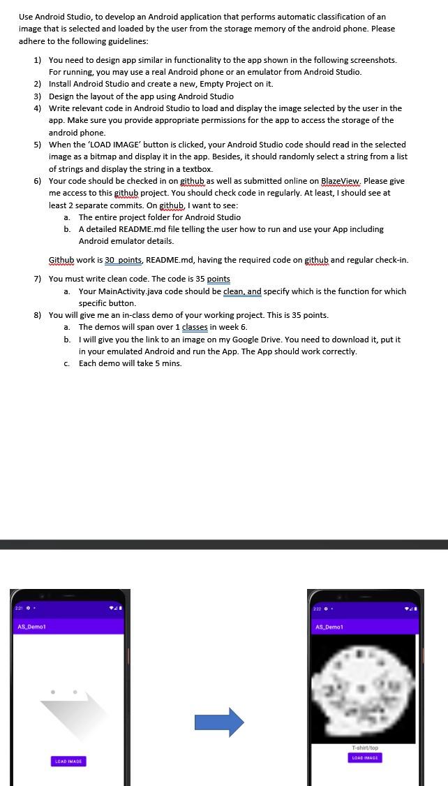 Use Android Studio, to develop an Android application that performs automatic classification