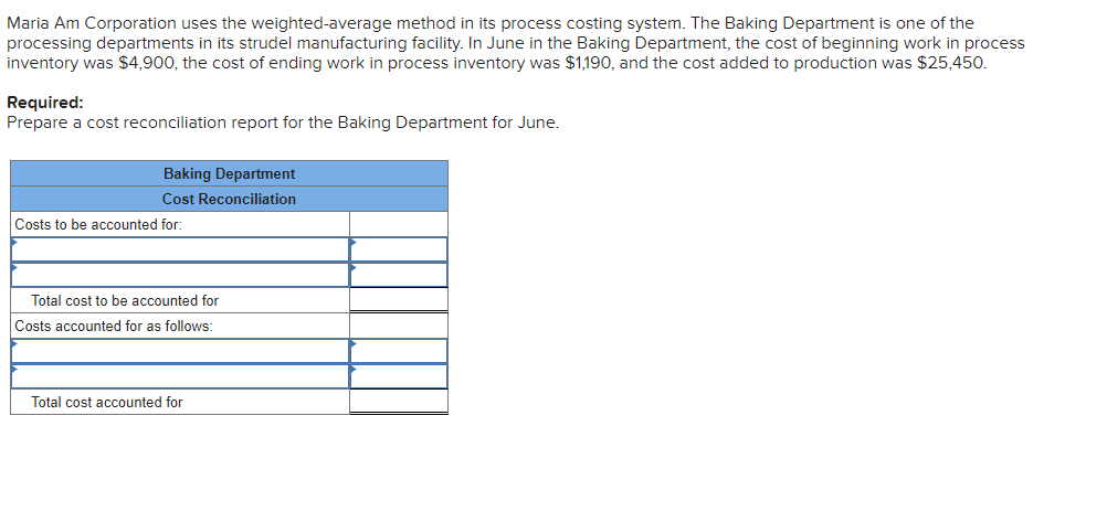  Maria Am Corporation uses the weighted-average method in its process costing