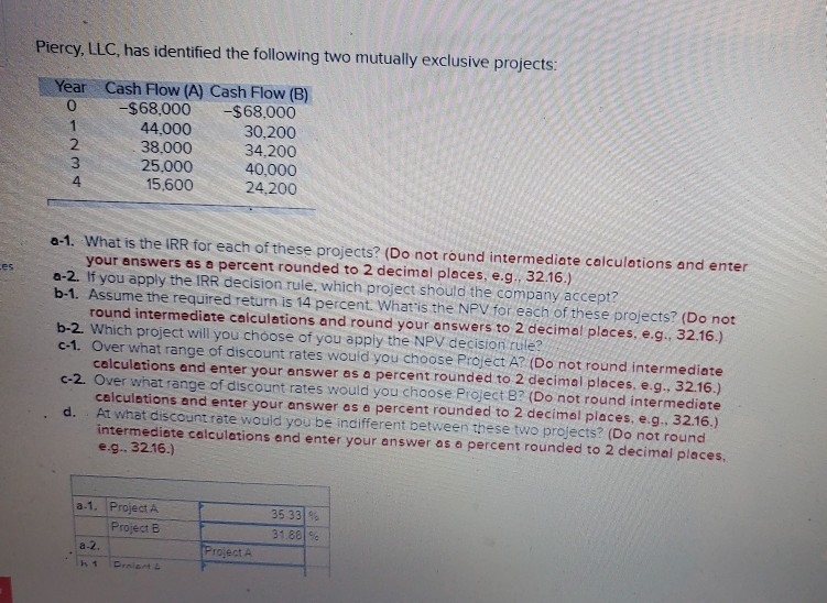 Piercy, LLC, has identified the following two mutually exclusive projects: Year
