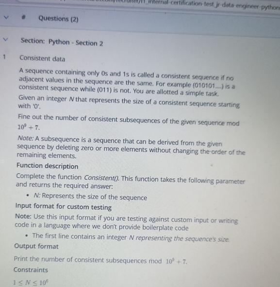  Section: Python - Section 2 1 Consistent data A sequence containing