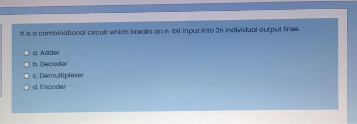  it is a combinational circuit which breaks ann-bit input into 2n