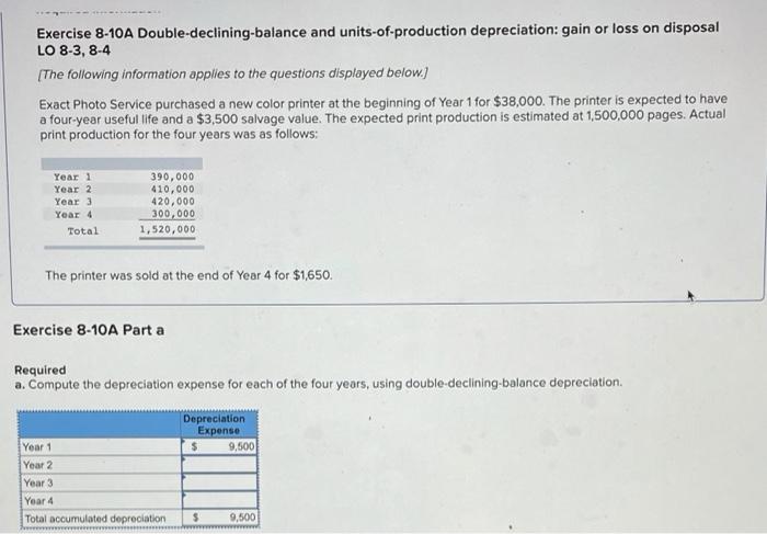 Exercise 8-10A Double-declining-balance and units-of-production depreciation: gain or loss on disposal