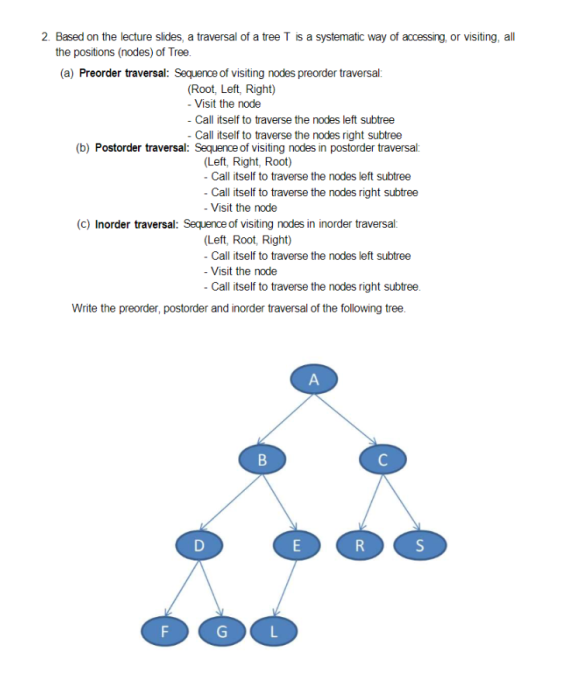  Deliverables 2. The requested solution one-line answer for tree traversal a.