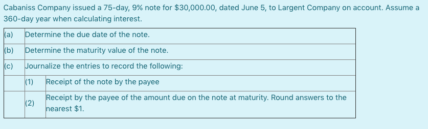  Cabaniss Company issued a 75-day, 9% note for $30,000.00, dated June