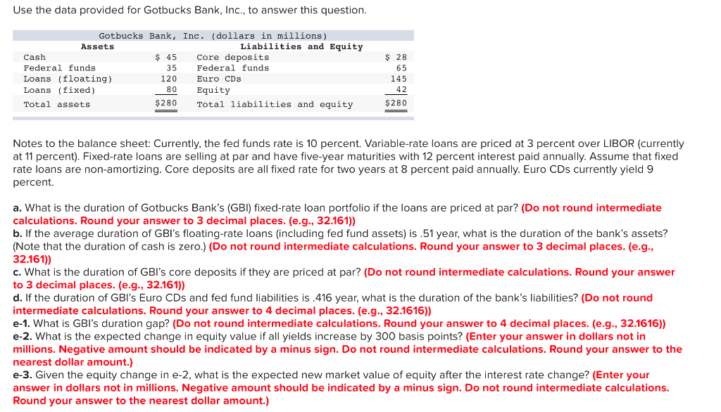  Use the data provided for Gotbucks Bank, Inc., to answer this