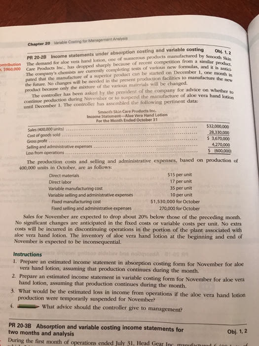  Chapter 20 Variable Costing for Management Analysis Obj 1,2 mooth ontribution