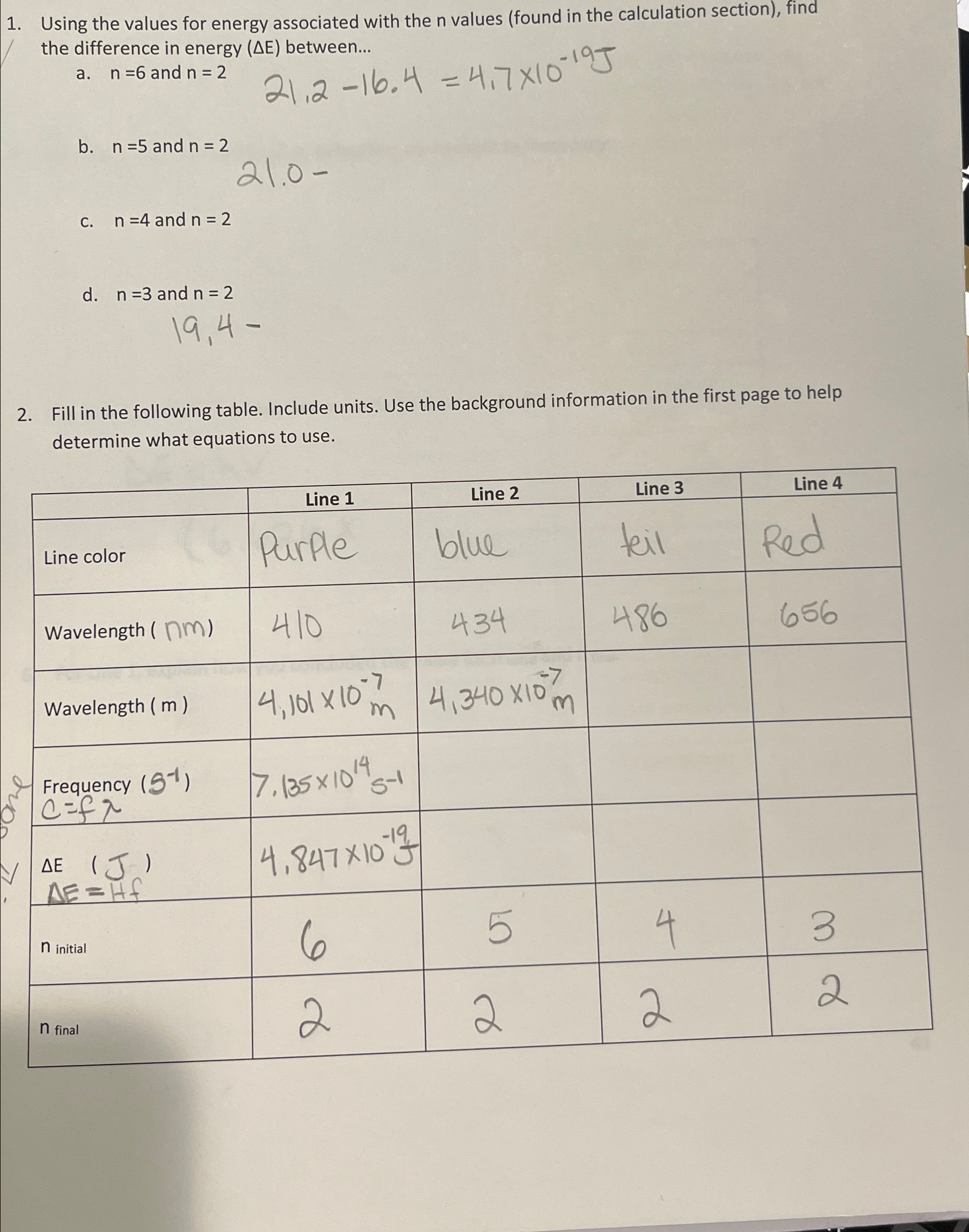  Using the values for energy associated with the n values (found