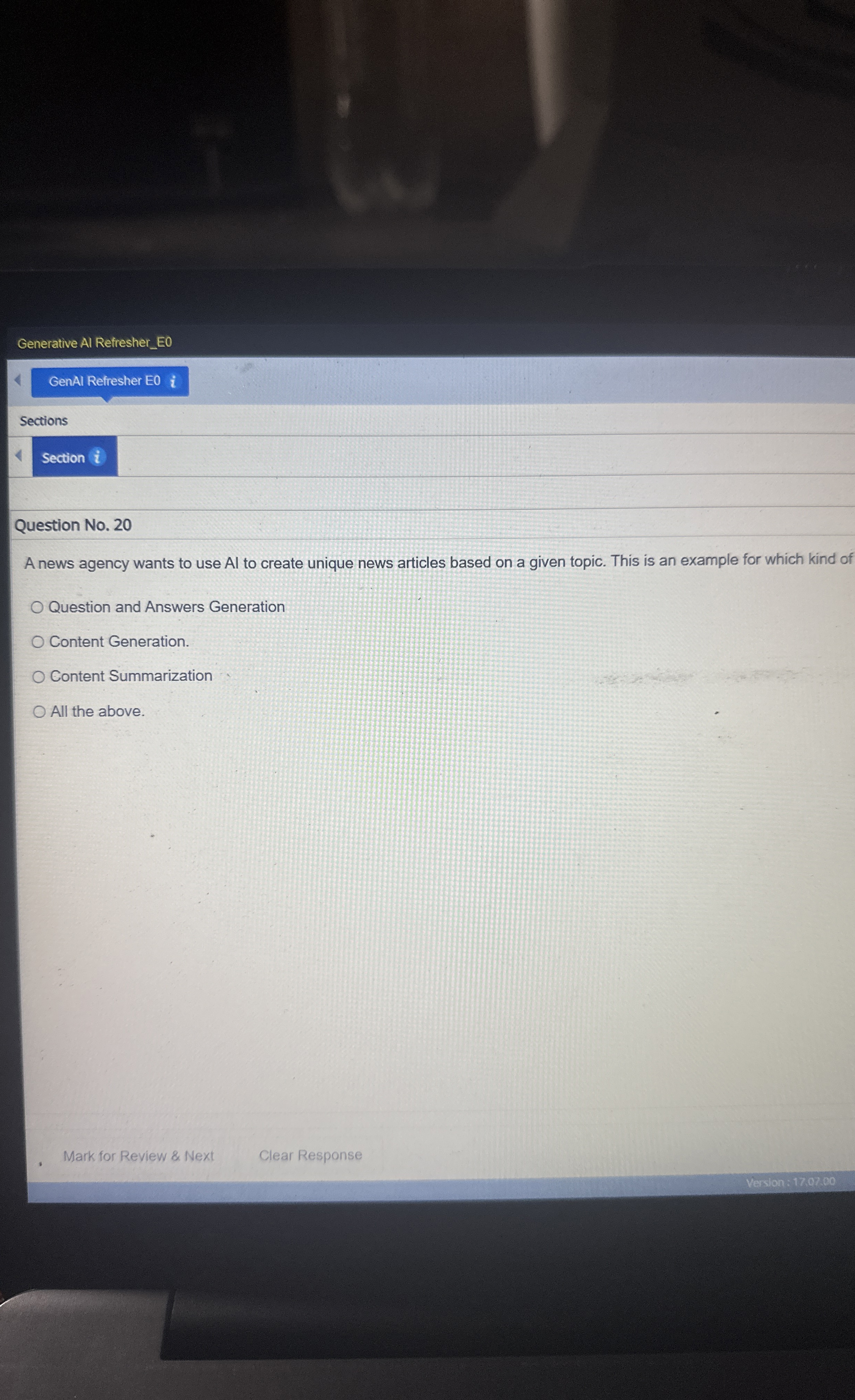  Generative Al Refresher_E0 GenAl Refresher E0 ; Sections Question No.20 A