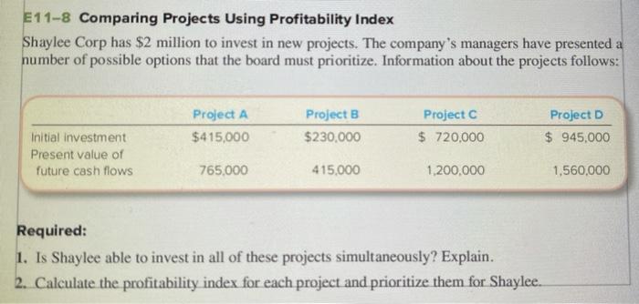  E11-8 Comparing Projects Using Profitability Index Shaylee Corp has $2 million