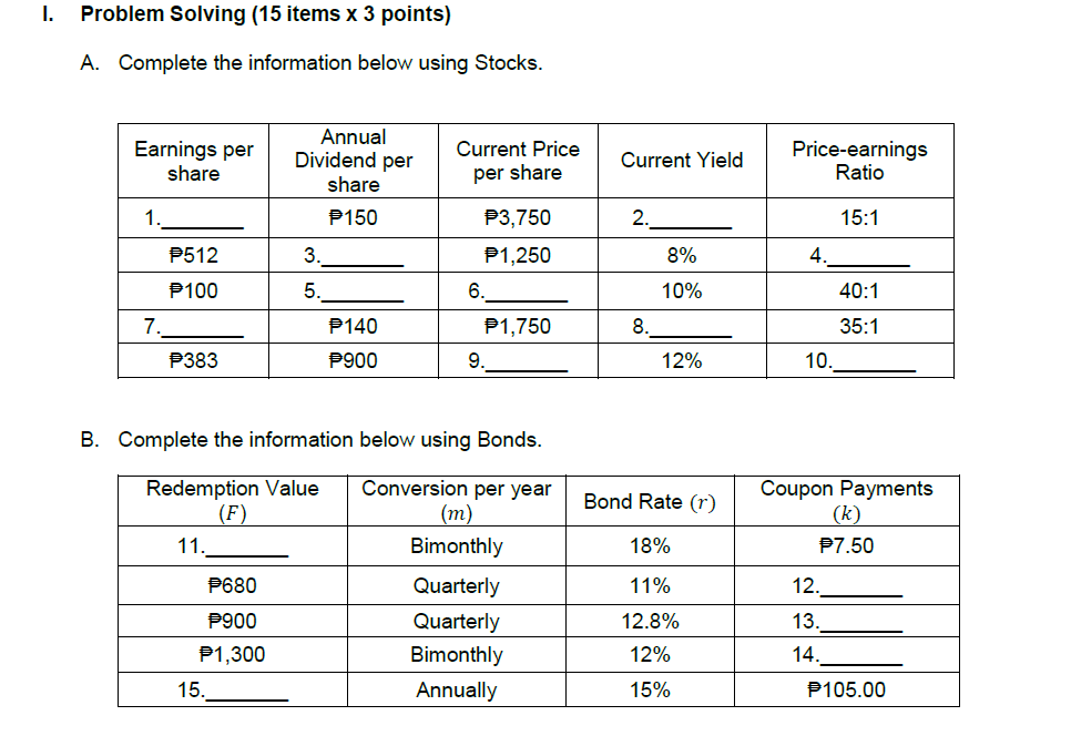 With solution 1. Problem Solving (15 items x 3 points) A. Complete