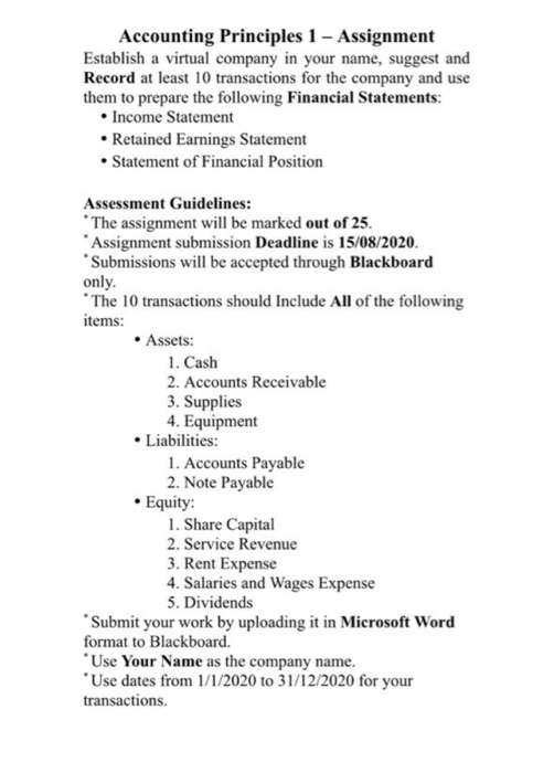  Accounting Principles 1 - Assignment Establish a virtual company in your