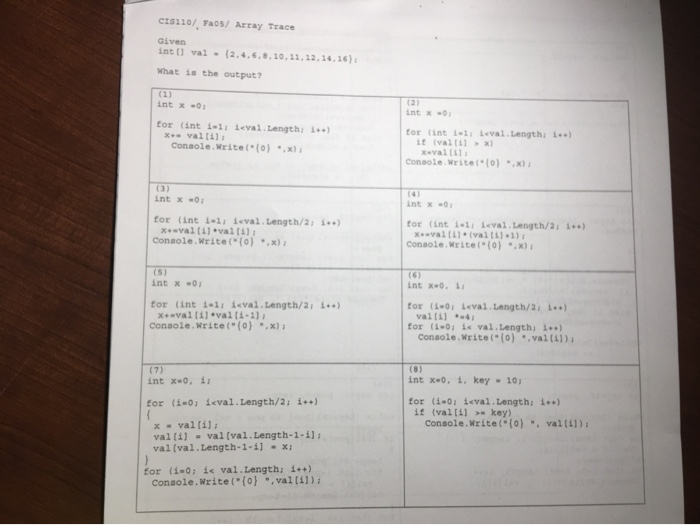  please help and show work..answer all please CIS110/ 7a05/ Array Trace