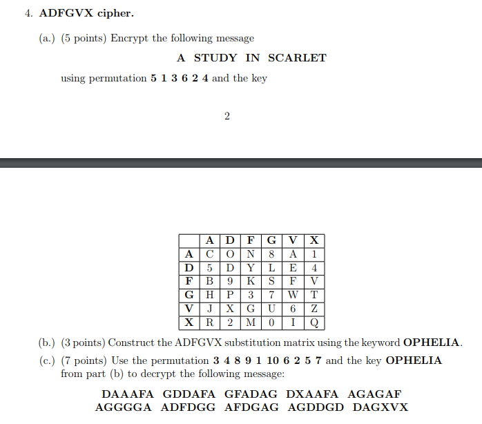  4. ADFGVX cipher (a.) (5 points) Encrypt the following message A