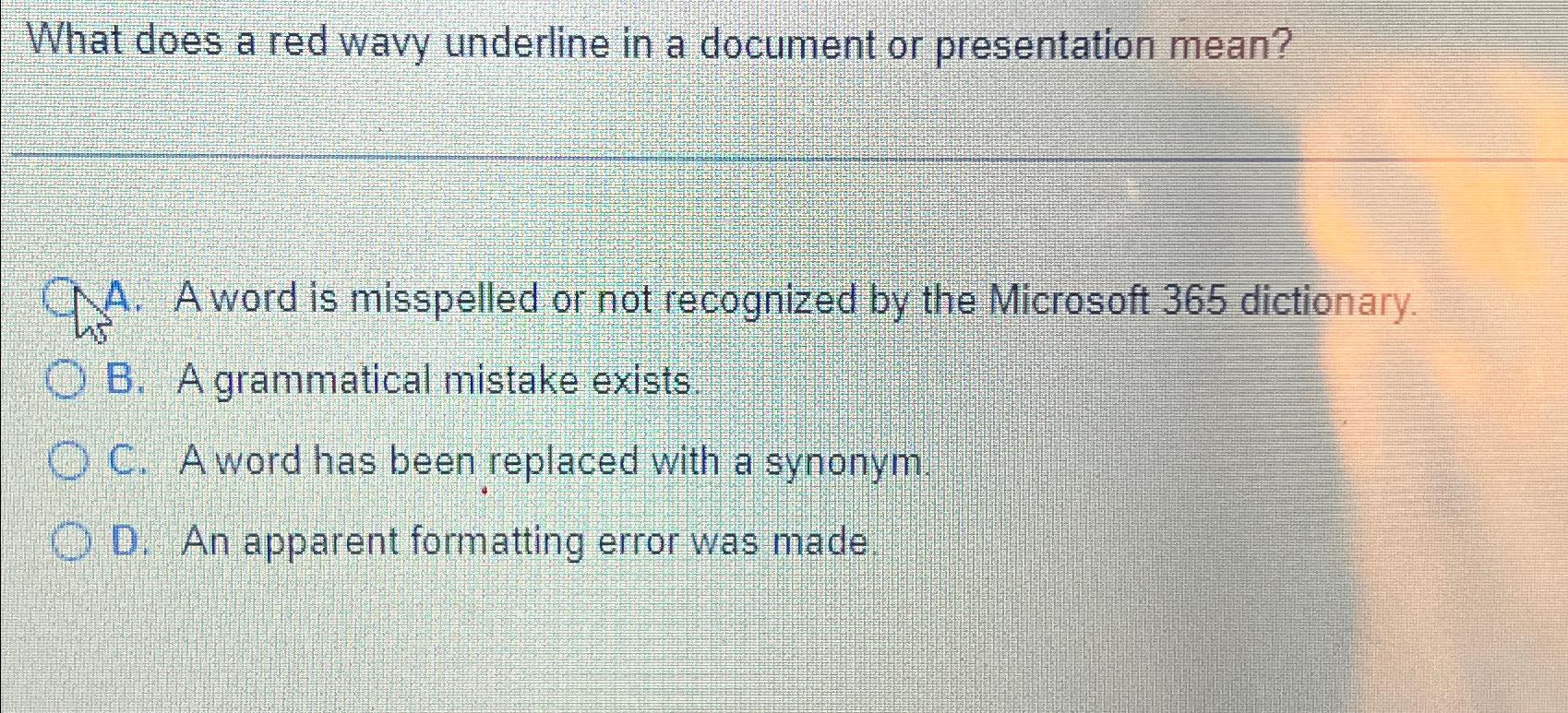  What does a red wavy underline in a document or presentation