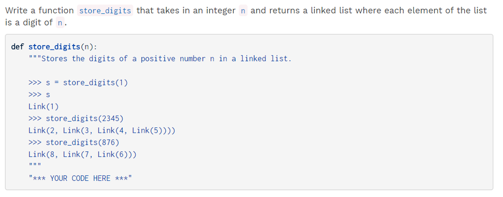 Write a function store.digits that takes in an integer n and