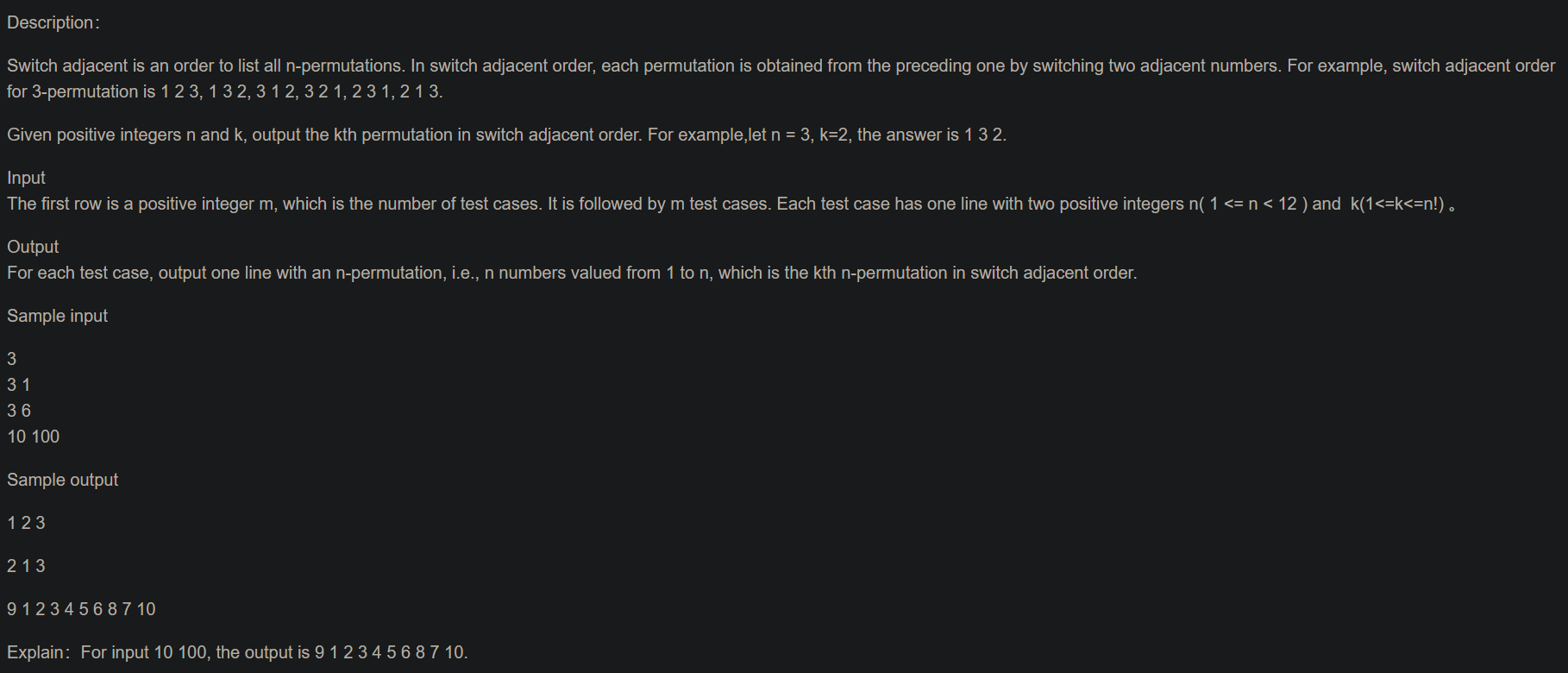 Course: Combinatorics Use C language for this problem Description: Switch adjacent is