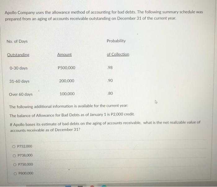 with solution please Apollo Company uses the allowance method of accounting for