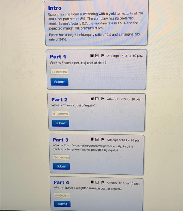  Intro Epson has one bond outstanding with a yield to maturity