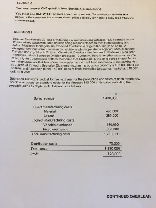  management accounting-transfer pricing SECTIONA You must answer ONE question from Section