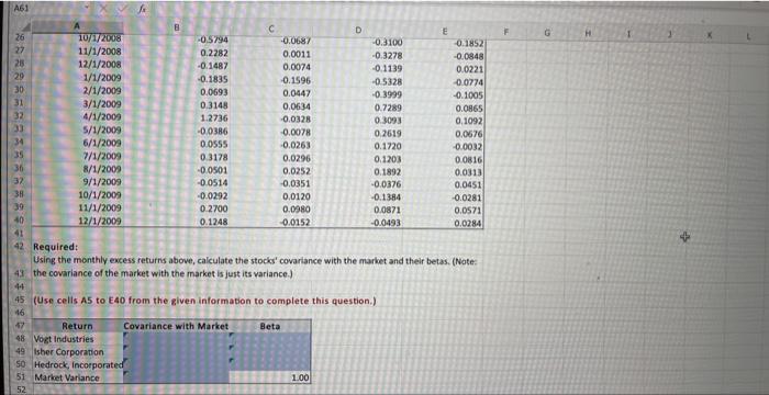 for three companies and the market index. Required: Using the monthly excess