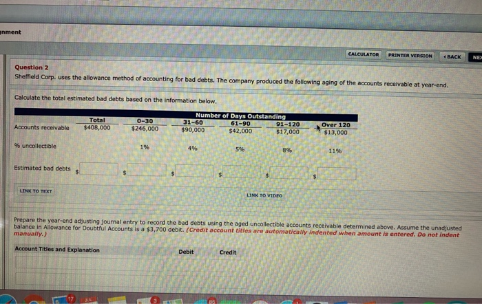  inment CALCULATOR PRINTER VERSION 4 BACK NE Question 2 Sheffield Corp.