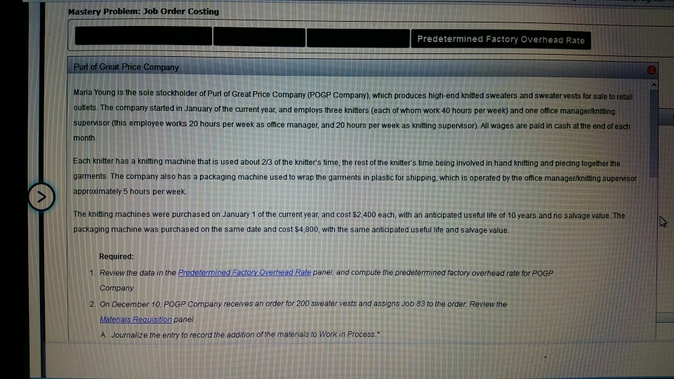 mastery problem : job order costing 