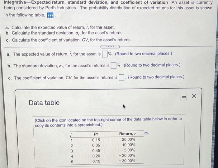  Integrative-Expected return, standard deviation, and coefficient of variation An asset is