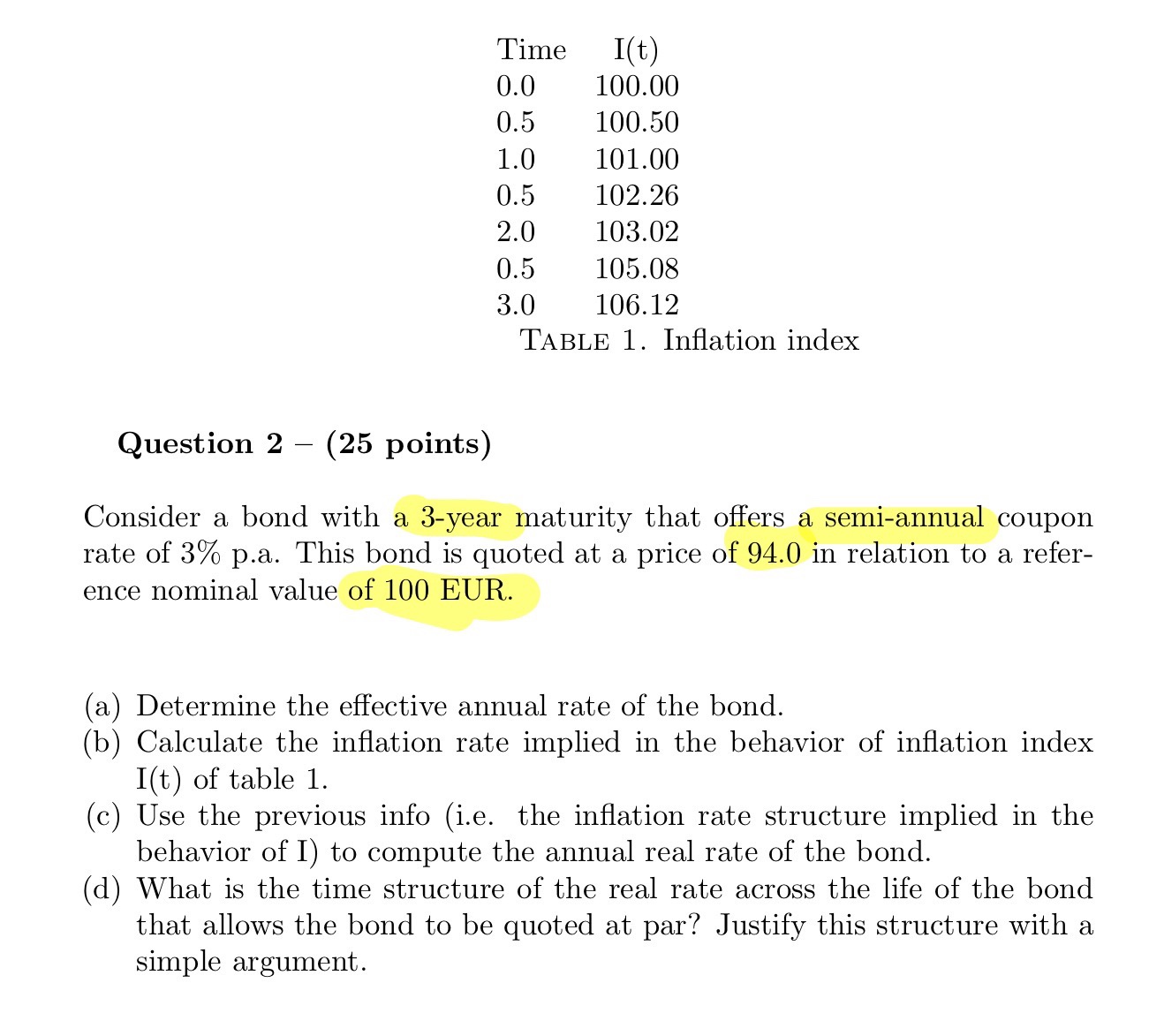 'I'ABLE 1. Inflation index Question 2(25 points ) Consider a bond