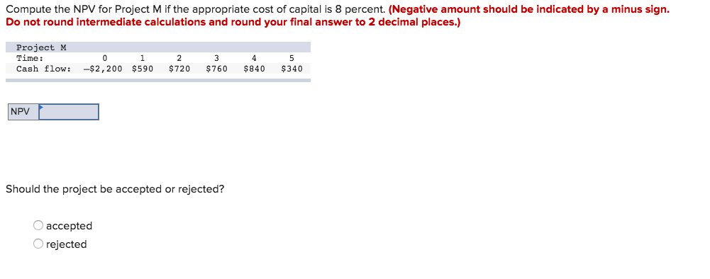  Compute the NPV for Project M if the appropriate cost of