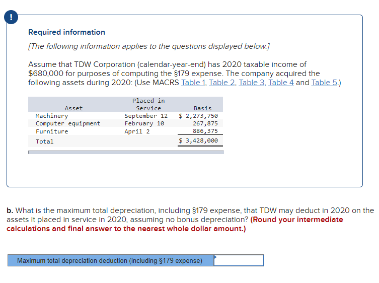 depreciation tables 1-5. Thanks. Required information (The following information applies to the