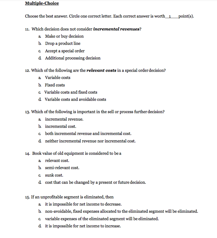  Multiple-Choice Choose the best answer. Circle one correct letter. Each correct