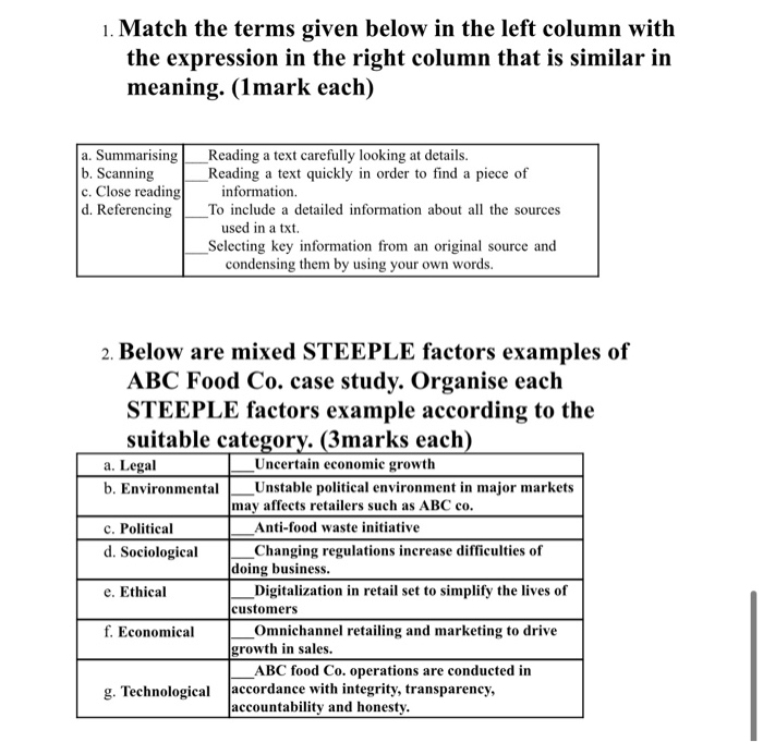  1. Match the terms given below in the left column with