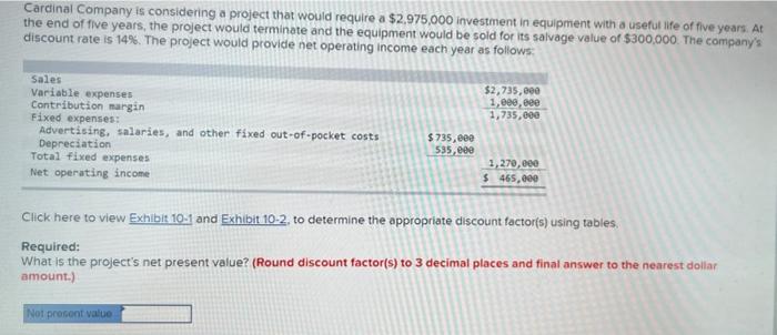  Cardinal Company is considering a project that would require a $2,975,000
