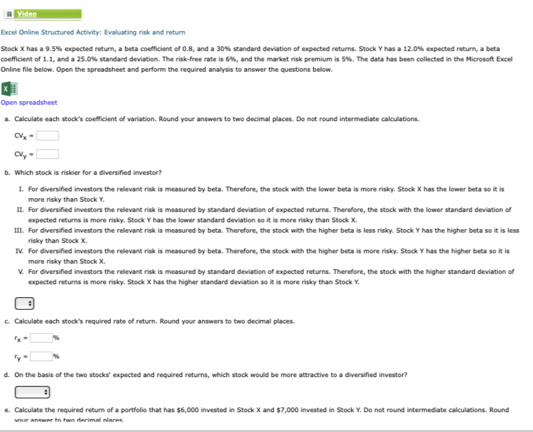  Video Excel Online Structured Activity: Evaluating risk and return Stock x