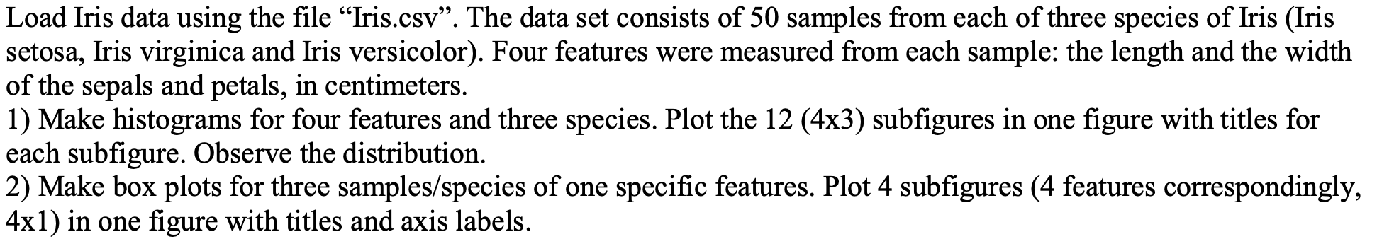  Load Iris data using the file Iris.csv". The data set consists