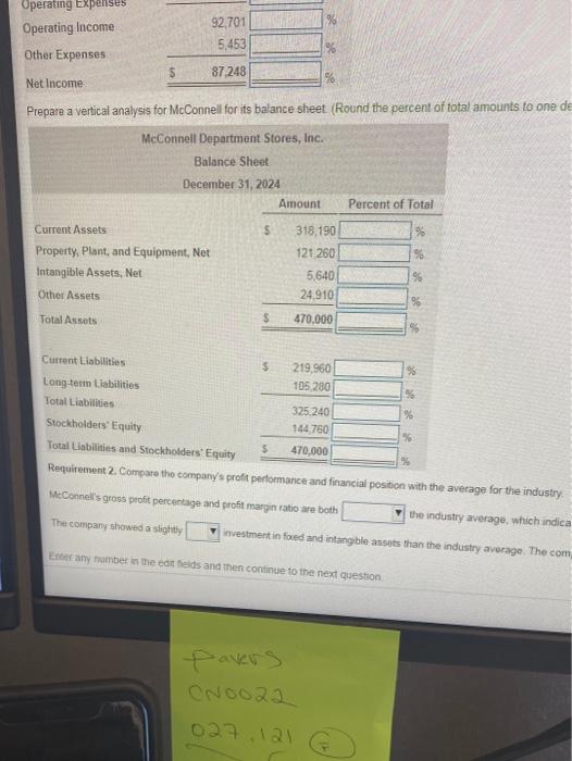 statement and balance sheet as well as the industry average data for