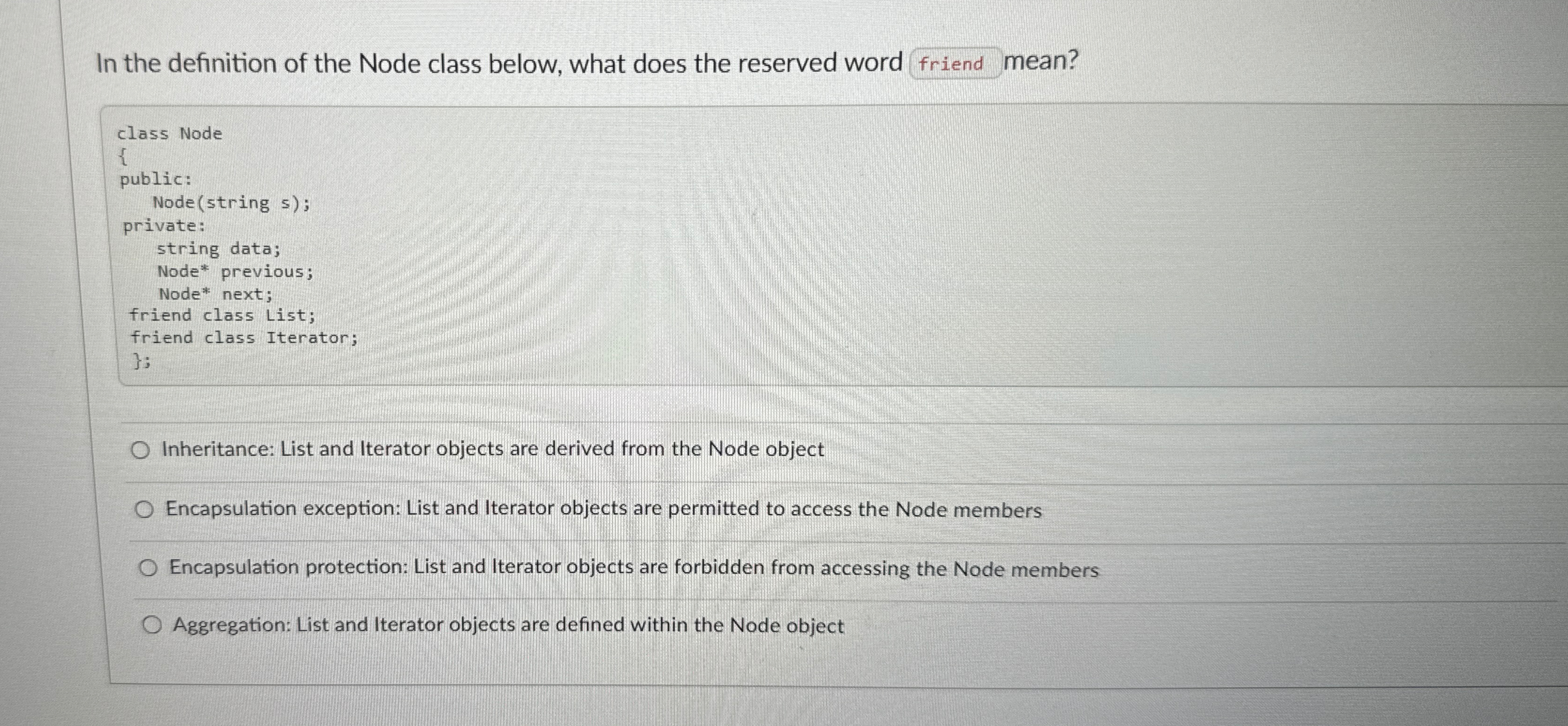  In the definition of the Node class below, what does the