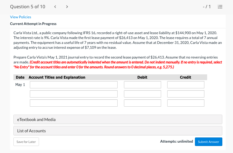  Question 5 of 10 - /1 E View Policies Current Attempt