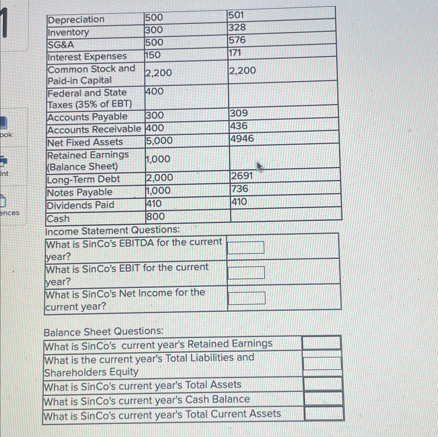  \table[[Depreciation,500,501],[Inventory,300,328],[SG&A,500,576],[Interest Expenses,150,171],[\table[[Common Stock and],[Paid-in Capital]],2,200,2,200],[\table[[Federal and State],[Taxes (35% of EBT)]],400,],[Accounts Payable,300,309],[Accounts