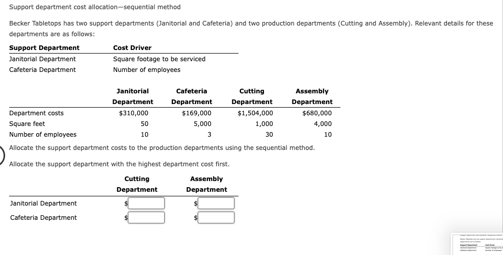  Support department cost allocation-sequential method Becker Tabletops has two support departments