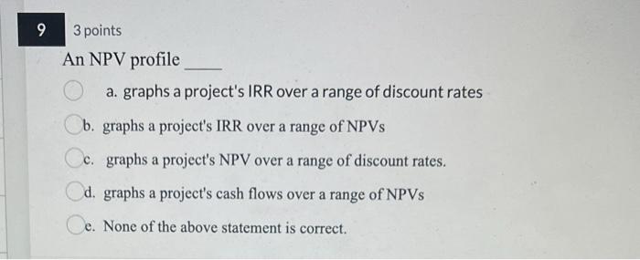  9 3 points An NPV profile a. graphs a project's IRR