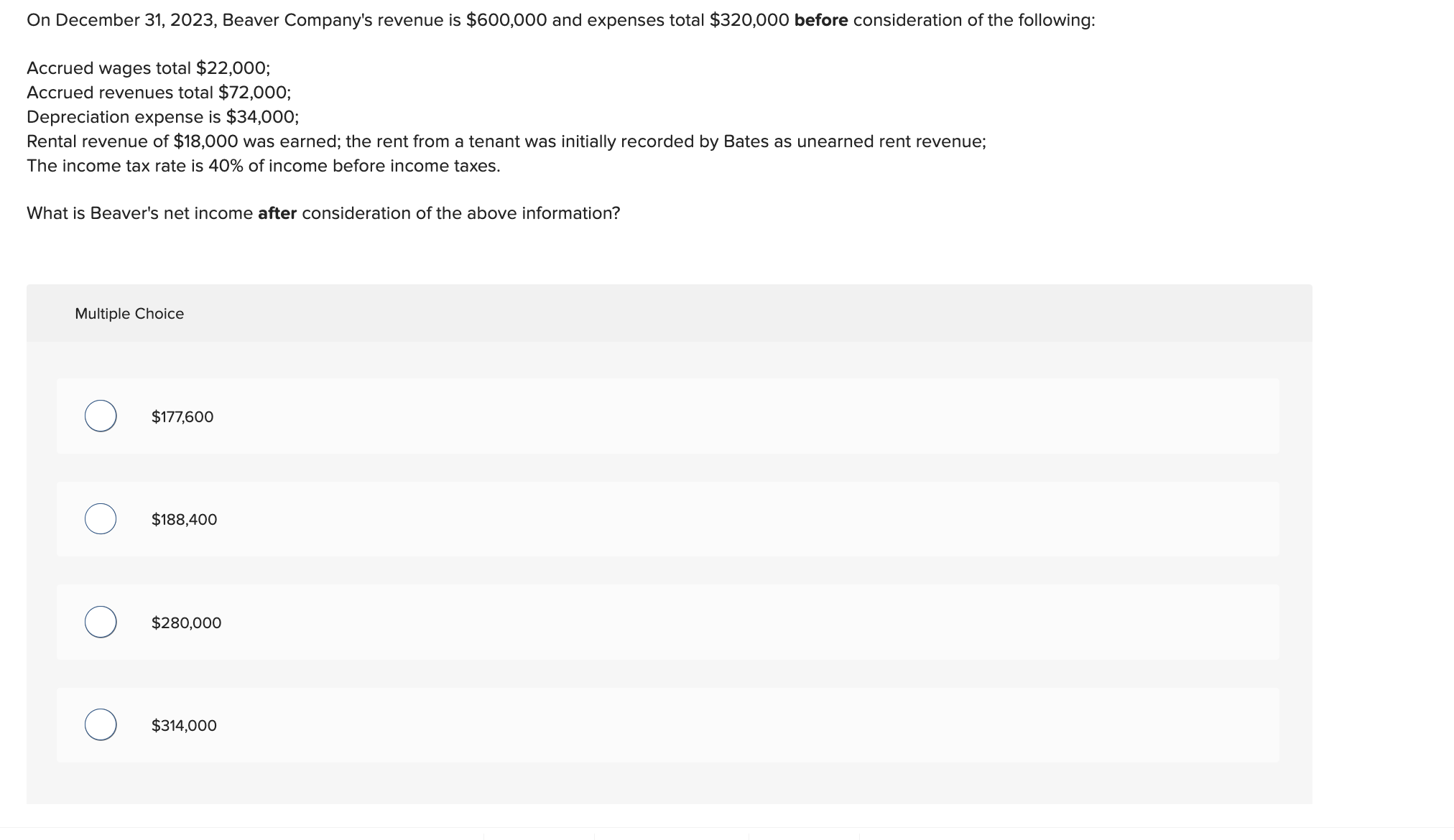  On December 31,2023, Beaver Company's revenue is $600,000 and expenses total