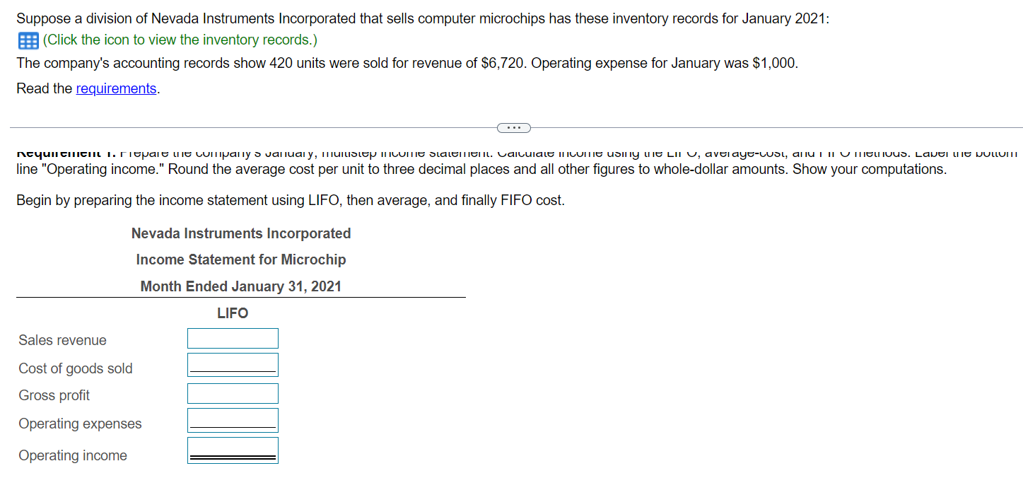  Suppose a division of Nevada Instruments Incorporated that sells computer microchips