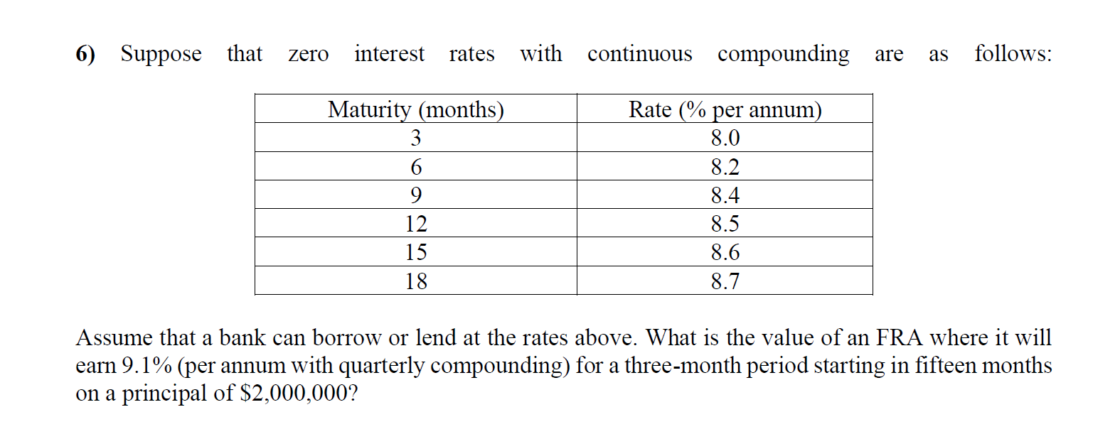  6) Suppose that zero interest rates with continuous compounding are as