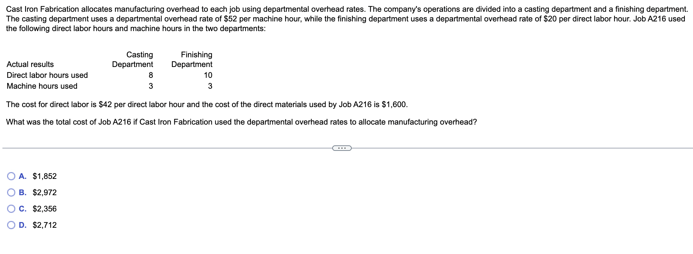  Cast Iron Fabrication allocates manufacturing overhead to each job using departmental