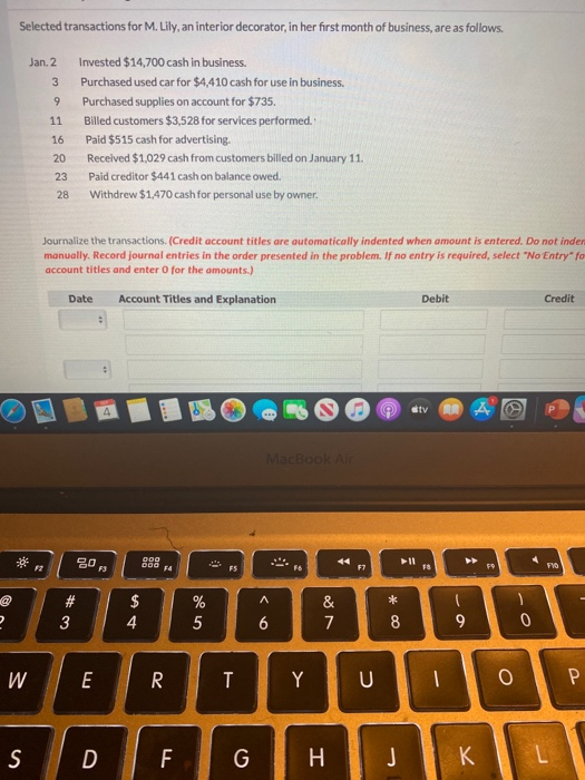  Jan. 2 3 9 Selected transactions for M. Lily, an interior